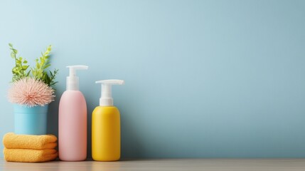 Colorful bathroom scene with shampoo, conditioner, towels, plant, and vibrant backdrop for wellness and beauty