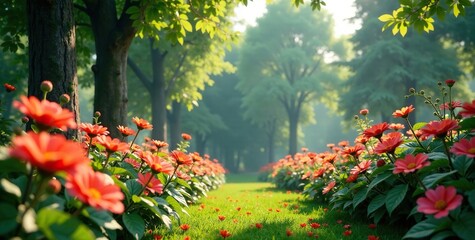 Vibrant colors of flowers swaying gently in the breeze amidst tall trees and leafy foliage in a serene garden, serenity, peaceful atmosphere, colorful