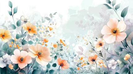 Vibrant watercolor petals and leaves patterns, light soft floral abstract background with soft and pastel watercolor stains, Luxurious and soft color Watercolor Floral Art with Beautiful Bouquet.