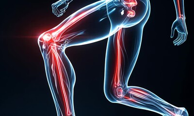 Anatomical illustration highlighting human leg anatomy and joints.