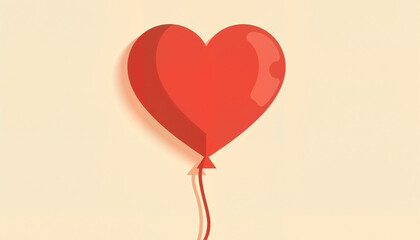 Red heart-shaped balloon with soft shadow on beige background