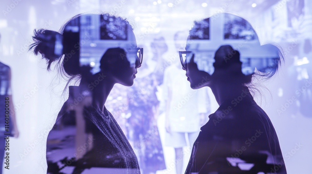 Poster two silhouettes reflected in a shop window, creating a layered visual effect.