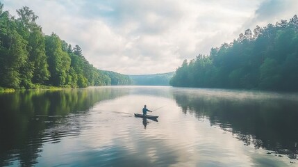A serene lake scene with a lone fisherman in a kayak surrounded by trees.