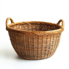 Obraz premium A round wicker bushel basket with handles and a natural finish on a white background 