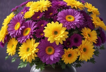 Vibrant purple and yellow chrysanthemum bouquet in a elegant vase , home decor, autumn flowers, garden fresh