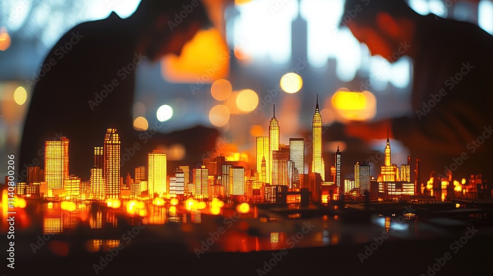 Poster two individuals interact with a glowing model cityscape, highlighting urban design and creativity.