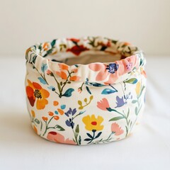 A small fabric bushel basket with a soft texture and colorful print on a white background