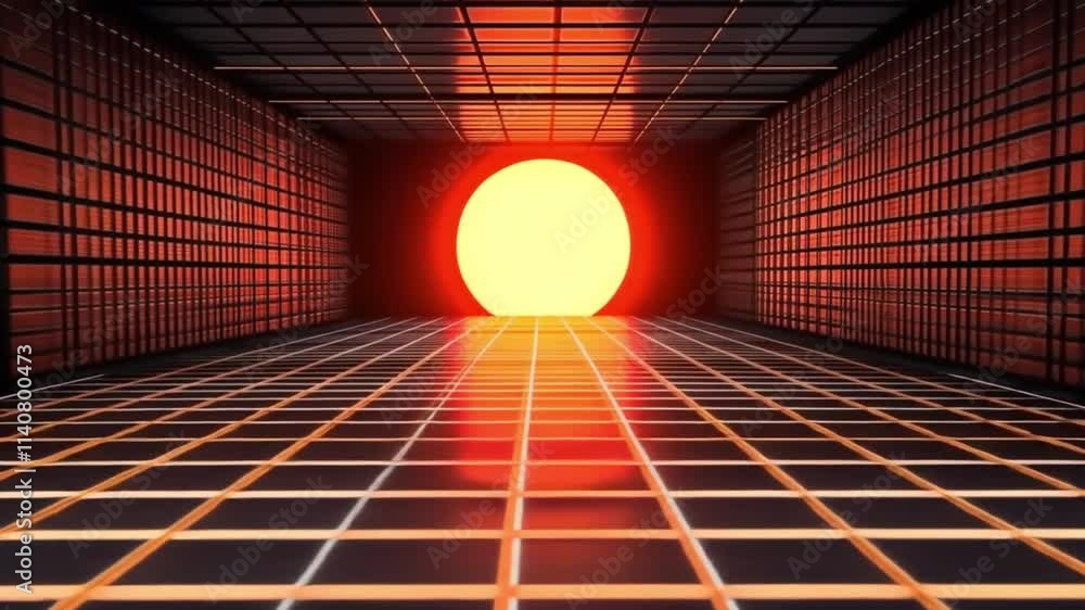 Poster a luminous sphere glows intensely at the end of a tiled corridor framed by symmetrical grid walls. e