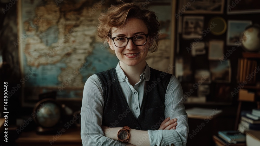 Poster a smiling individual stands in front of a world map, exuding confidence and warmth.