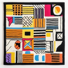 A vibrant patterned carpet with geometric shapes and bold colors on a white background 