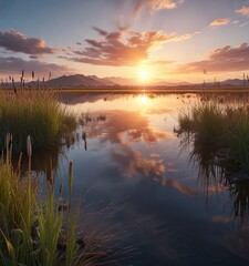 Obraz premium View of the horizon over a shallow saltwater lake with reeds and cattails , water's edge, serene landscape