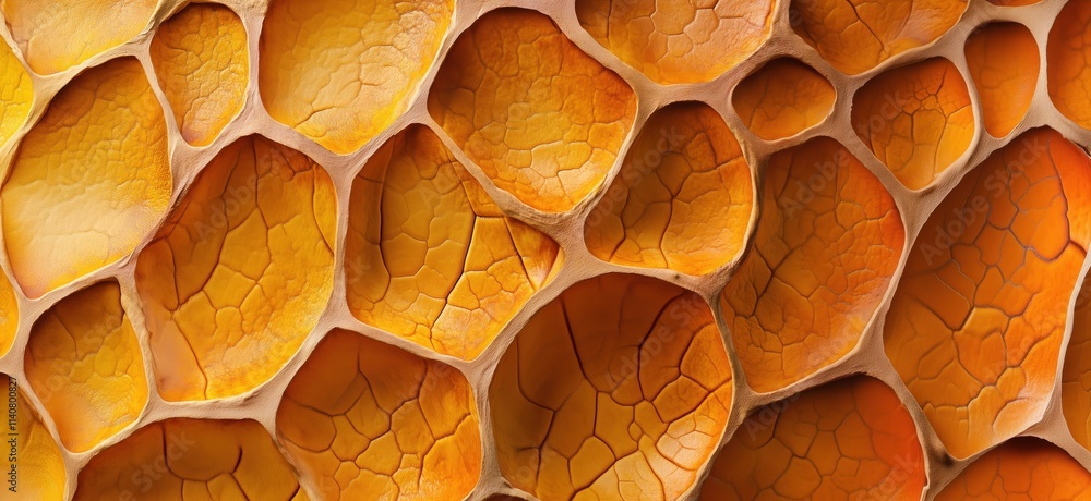 Poster honeycomb texture with warm orange hues, intricate patterns, and natural design. close-up view revea