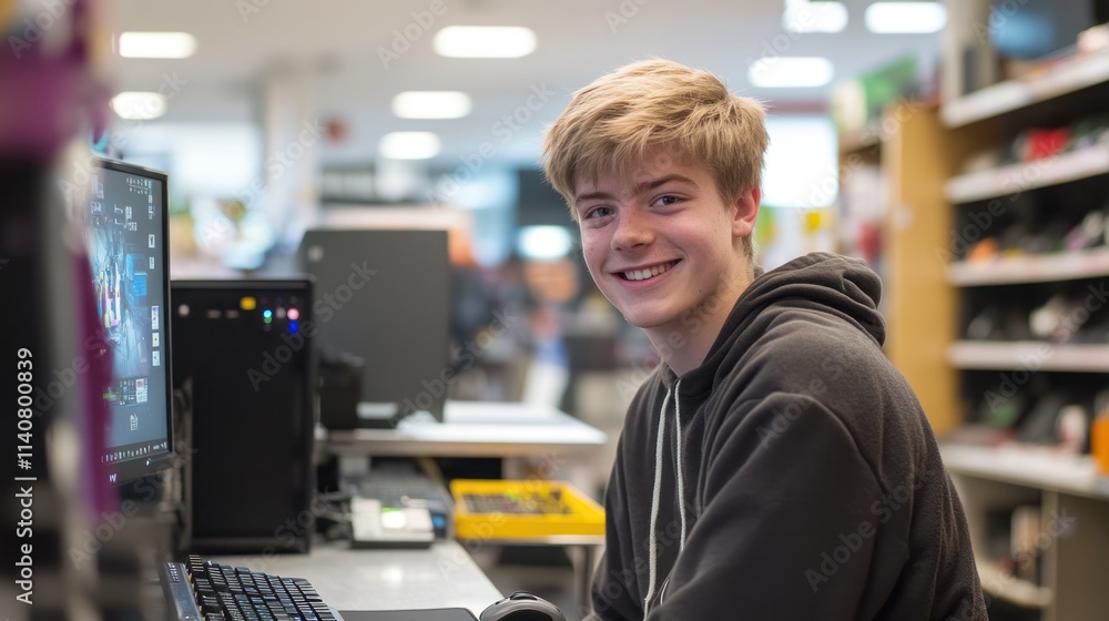 Poster A young person smiling while sitting at a computer in a library or study area.
