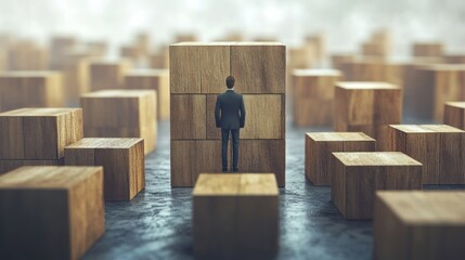 Businessman facing a large wooden block puzzle.