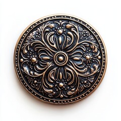 Fototapeta premium A vintage metal button with intricate patterns and a shiny finish on a white background 