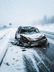 Damaged car wreck in the middle of a snowy road during heavy winter snowfall, icy surface, and dangerous conditions with faint emergency lights in a cold, moody forest scene
