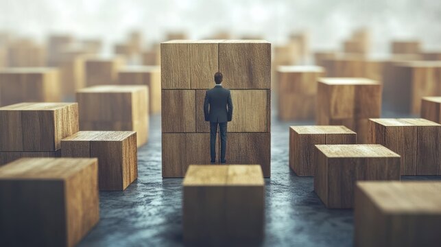 Businessman facing a large wooden block puzzle.