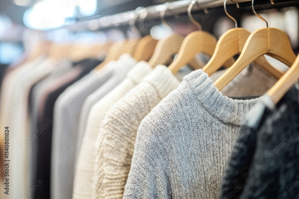 Poster a close-up view of sweaters hanging on a rack in a retail setting.