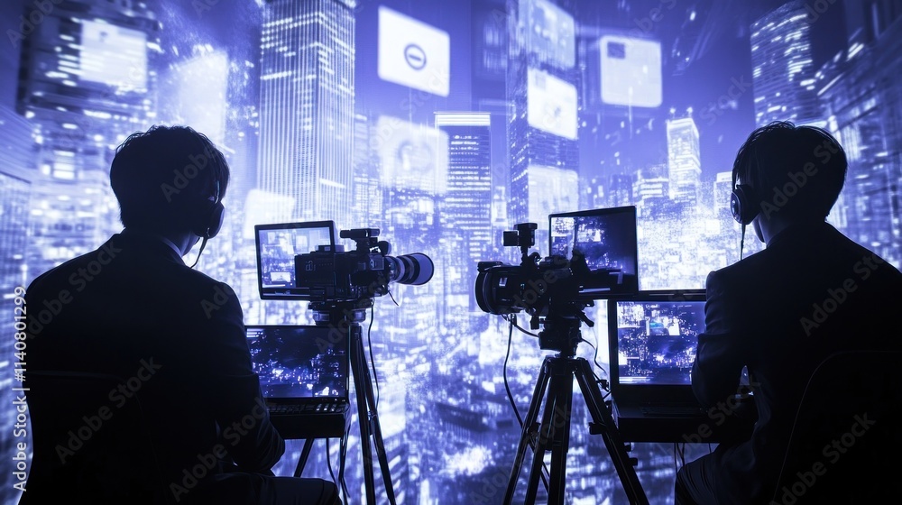 Poster two individuals with cameras and screens in a high-tech urban environment.