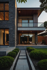 Fototapeta premium Modern two-story home with dark stone exterior, large windows, and a patio. A stone path leads from the house to a landscaped lawn. The house features a second-floor balcony.