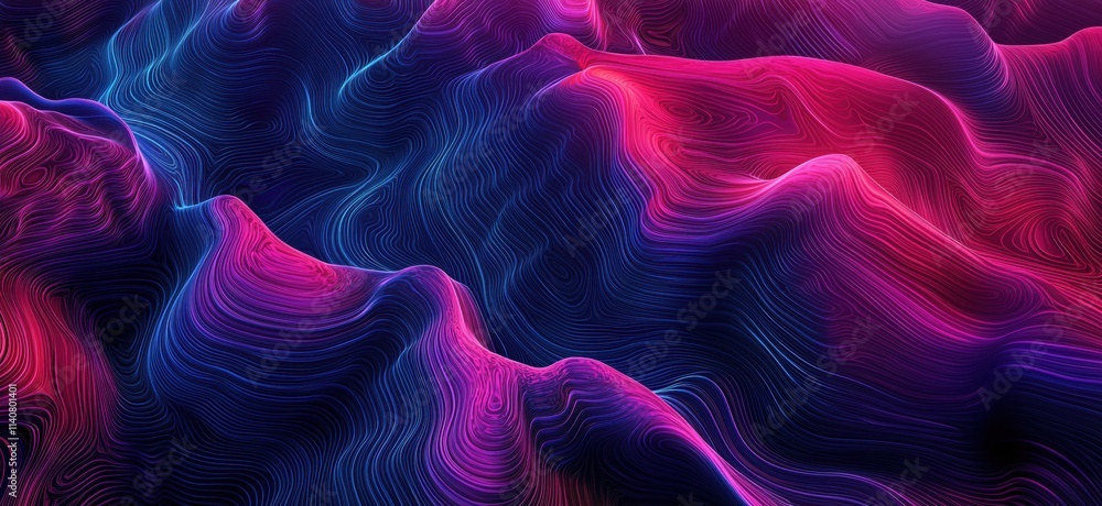 Poster abstract wave patterns in vibrant colors, flowing lines create depth and movement, blending shades o