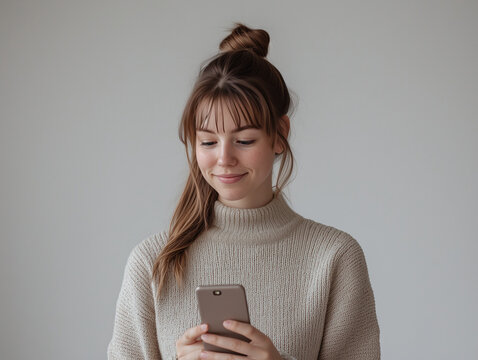 Femme de 20 ans en pull à col roulé beige regarde en souriant son smartphone, lycéenne, étudiante, alternante, apprentie sur fond blanc, personnage pour publicité, site web, démo d'applica