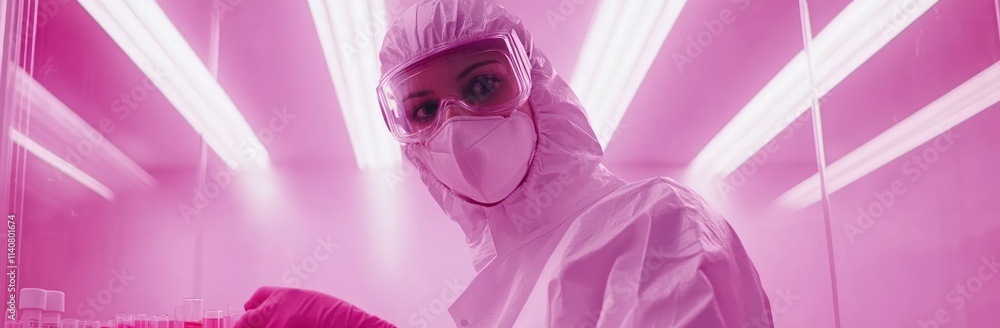 Poster a scientist in protective gear works in a lab with pink lighting and test tubes.