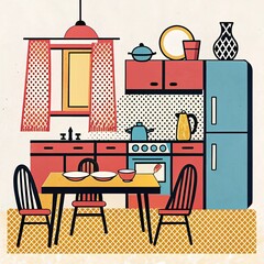 Retro Pop Art Kitchen Interior Illustration  
Vibrant pop art-style illustration of a colorful kitchen interior, featuring retro design elements, geometric shapes, and bold colors.  
