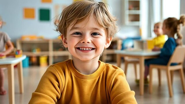 A smiling caucasian boy in a warm, organized classroom sits facing the camera. Concept of positive early learning, childlike curiosity, and nurturing education.