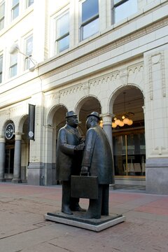 Calgary Canada - 29 December 2023 - Sculpture in downtown Calgary called The Conversation by William McElcheran