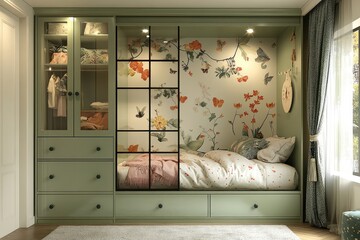 Built-in sage green kids' bed with floral wallpaper, storage, and glass partition.