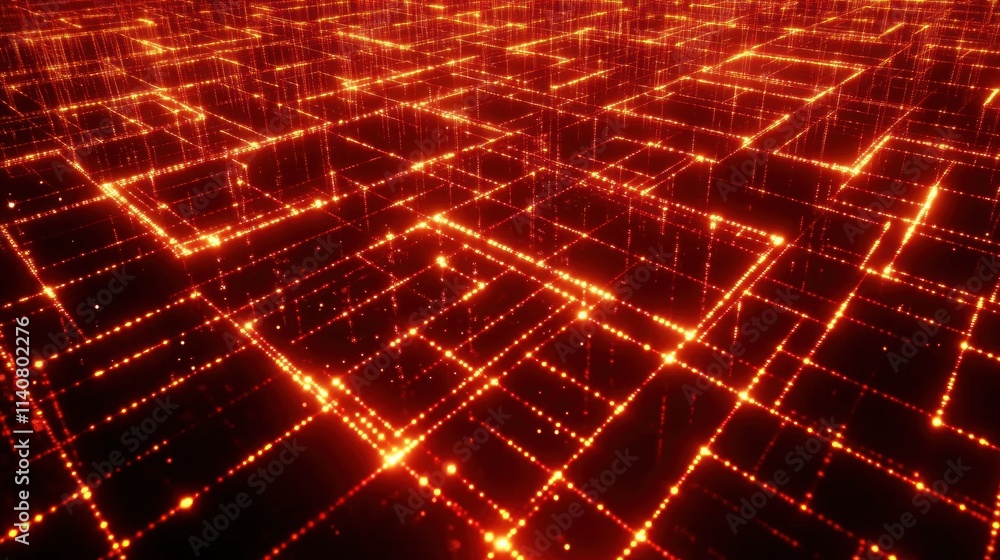 Poster A digital landscape of glowing lines and dots, representing data flow or networks.
