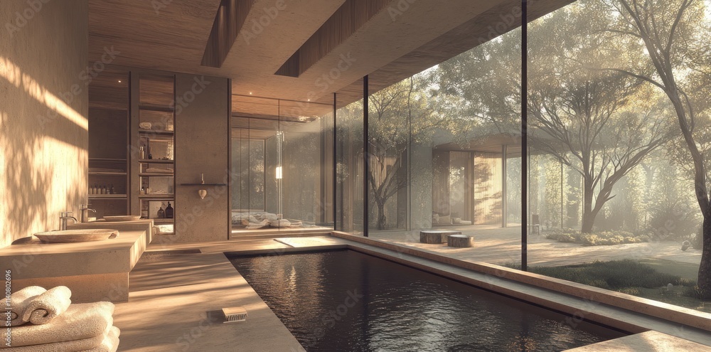 Poster a serene interior featuring a minimalist spa with a tranquil pool and natural light.