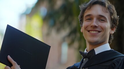 A close-up of a male graduate holding his diploma with a beaming smile, showcasing determination and success