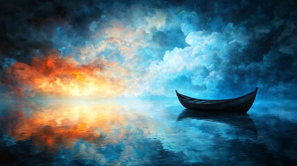 Fototapeta premium A serene landscape featuring a boat on calm waters under a dramatic sky.
