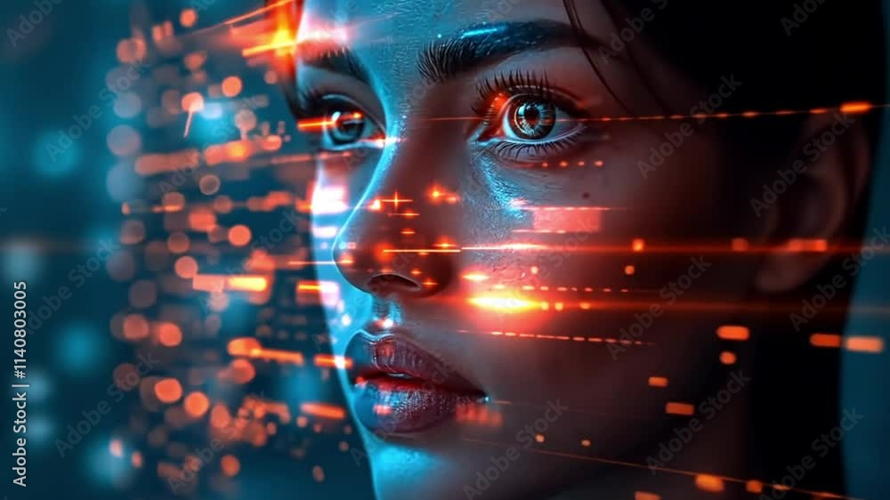 Poster a calm woman’s expression is highlighted by subtle, luminous data lines. concept of futuristic conne