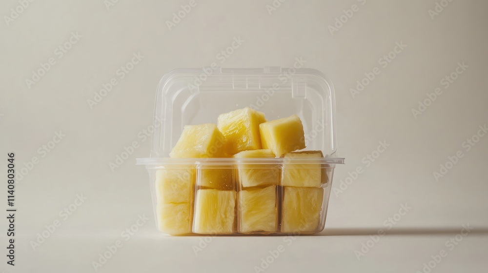 Poster A container filled with cubed pineapple pieces, showcasing freshness and convenience.