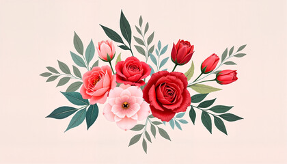 Fototapeta premium Bouquet of red and pink roses with green leaves on soft background