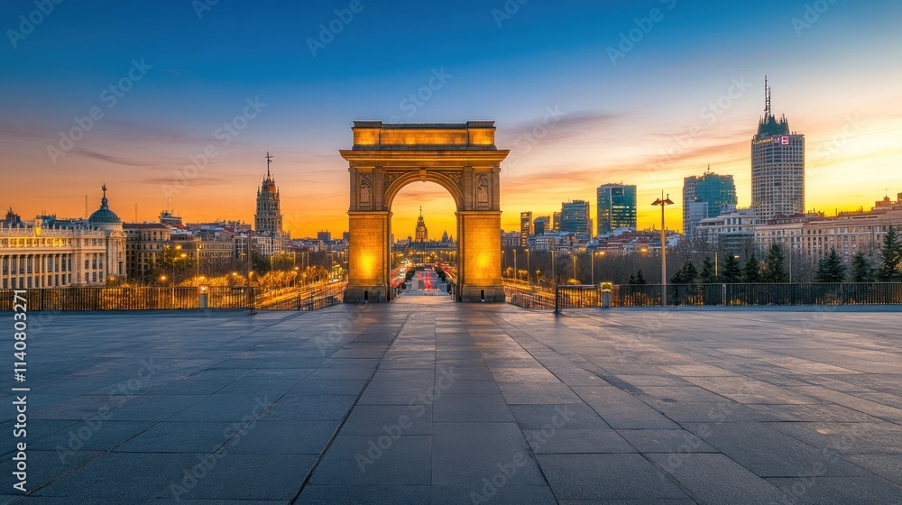 Poster sunset view of an arch monument with city skyline in the background.