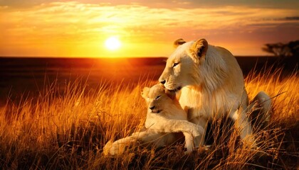 Lioness and cub at sunset in African savanna