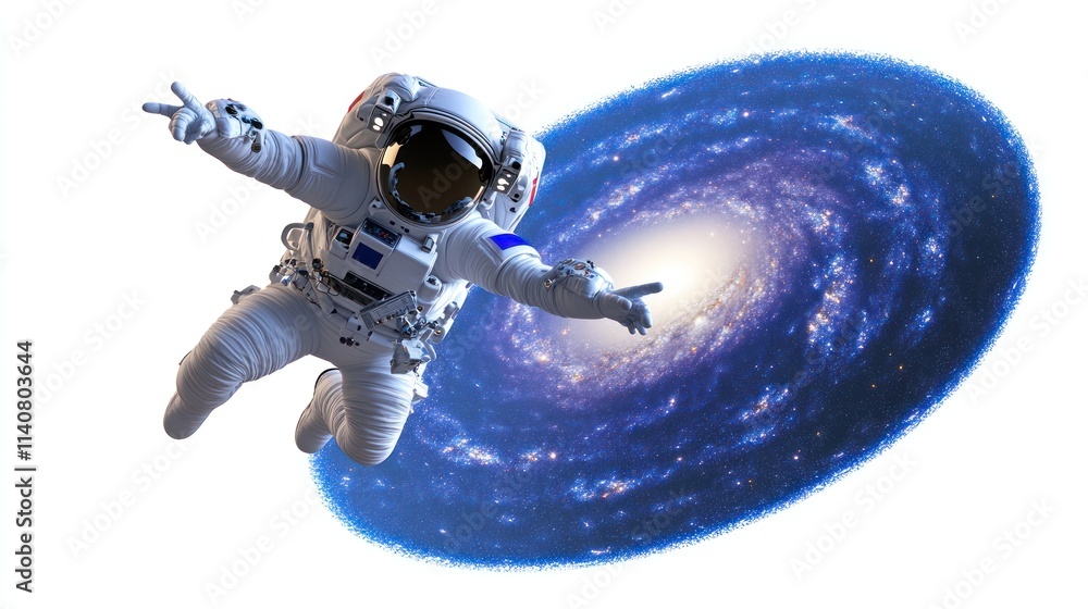 Poster an astronaut floating in space with a galaxy in the background.