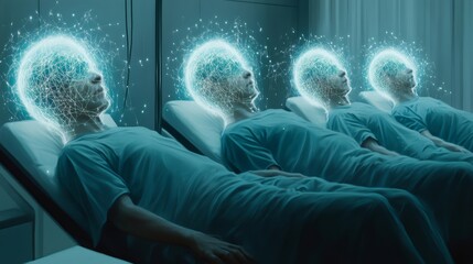 Futuristic hospital ward showing patients undergoing brain treatment