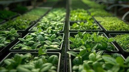 Green organic tea plants growing neatly in rows inside a controlled environment for farming.
