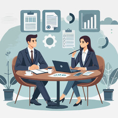 Partners meeting for business discussion with documents and laptop on desk. Couple at round table, speaking, discussing work, partnership. Flat vector on a white background