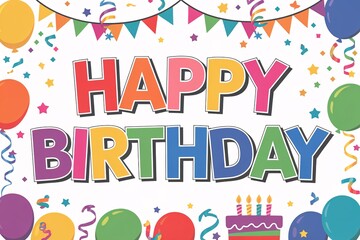 A colorful birthday banner with balloons and stars. The banner says "Happy Birthday" in a fun and colorful font
