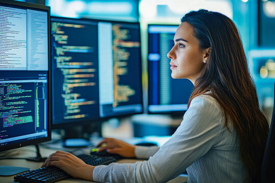 Young hispanic female programmer working on code in a modern office