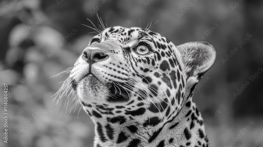 Poster a close-up of a jaguar's face in black and white, showcasing its distinctive spots and expression.