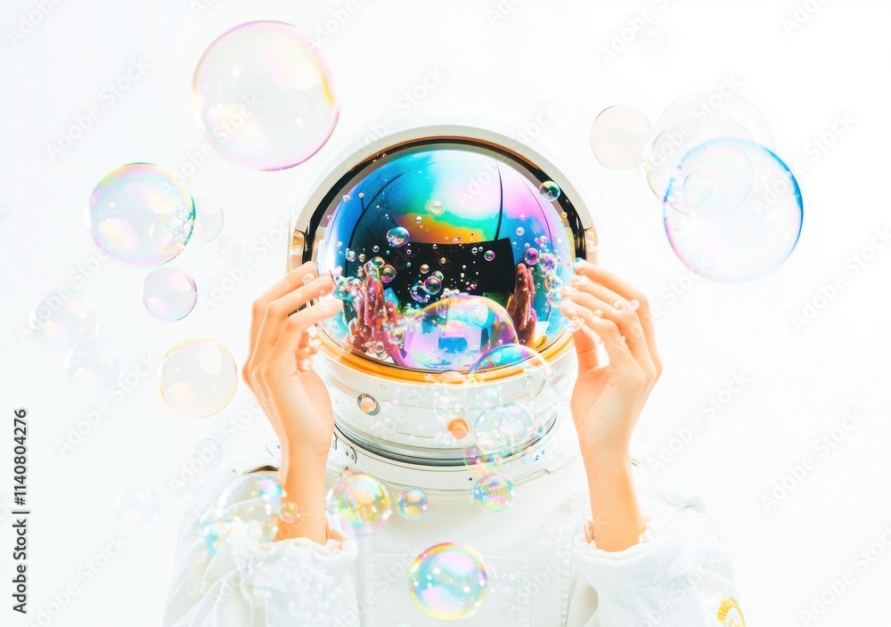 Aufkleber a person in an astronaut suit holds a helmet surrounded by colorful bubbles.