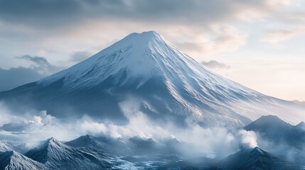 A majestic snow-capped mountain peak rises above a sea of mist and rugged terrain, creating a serene and awe-inspiring landscape.