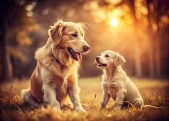 Vintage Puppy and Dog Playing: Retro Canine Fun, Adorable Dog Photoshoot, Old Photo Style